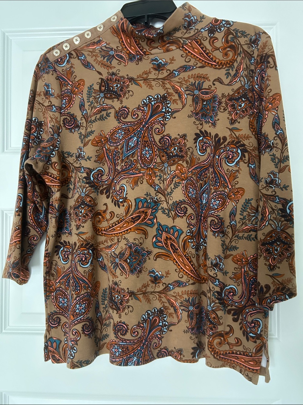 Isaac Mizrahi Tan Paisley Mock Neck Tunic with Button-Shoulder Detail